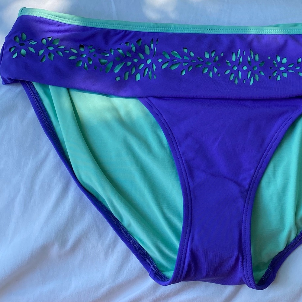 Laser Cut Foldover Bikini Bottom Blue Green